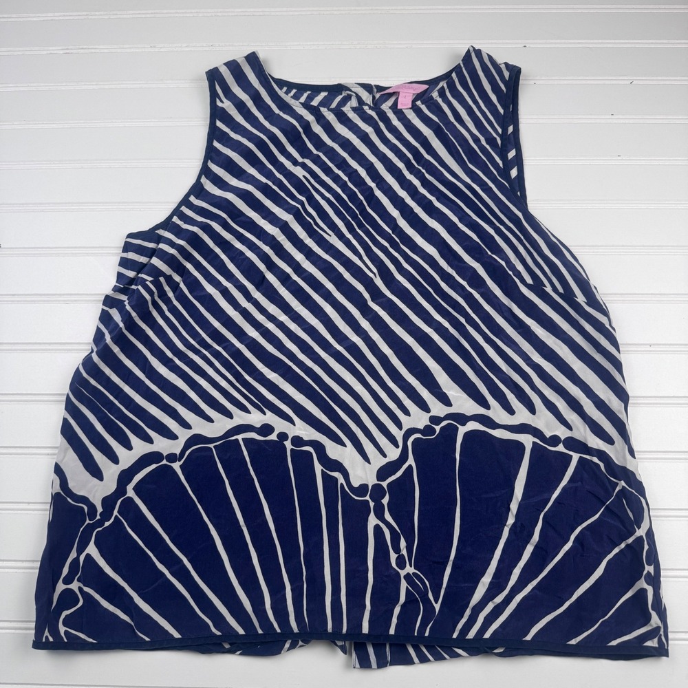 Lilly Pulitzer Womens Large Iona 100% Silk Sea Shell Navy Tank